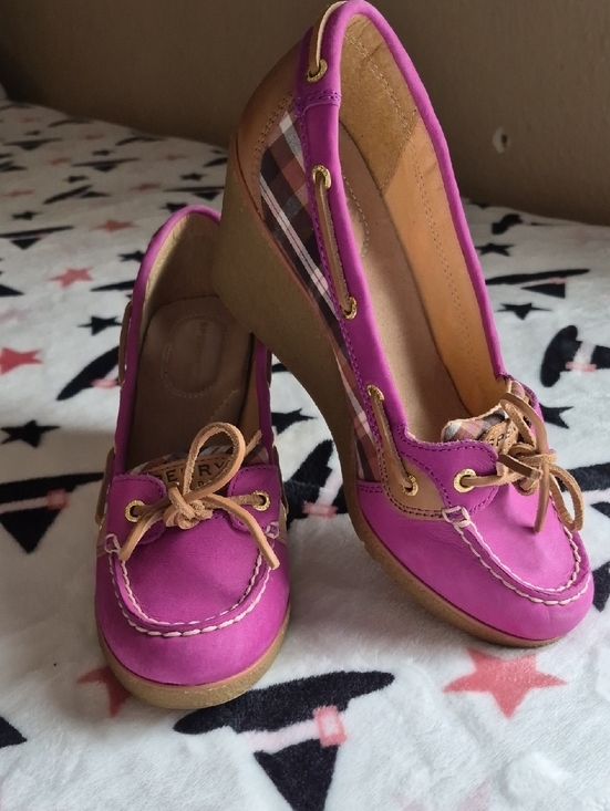 Sperry Shoes - Sperry Magenta Wedge Boat Heels with Tan Laces